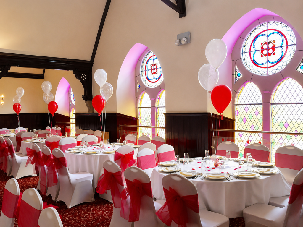 Elegant banqueting suite prepared for weddings and private celebrations at Queen Street Halls in Broughty Ferry, Dundee.