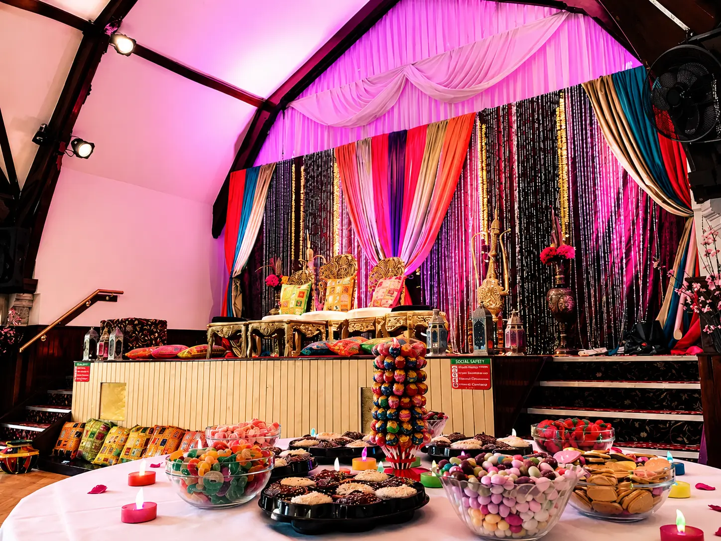 Decorated celebration stage at Queen Street Halls for weddings and cultural events in Dundee.