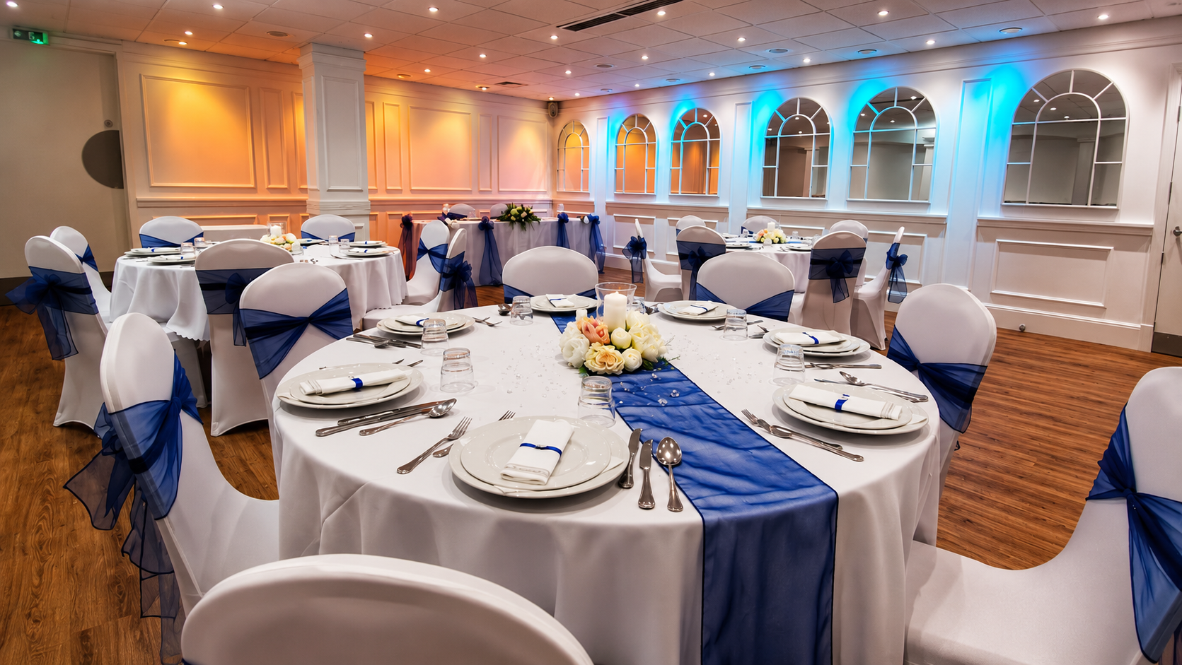 Elegant private dining and function room set for a wedding reception or celebration at Queen Street Halls in Broughty Ferry, Dundee.