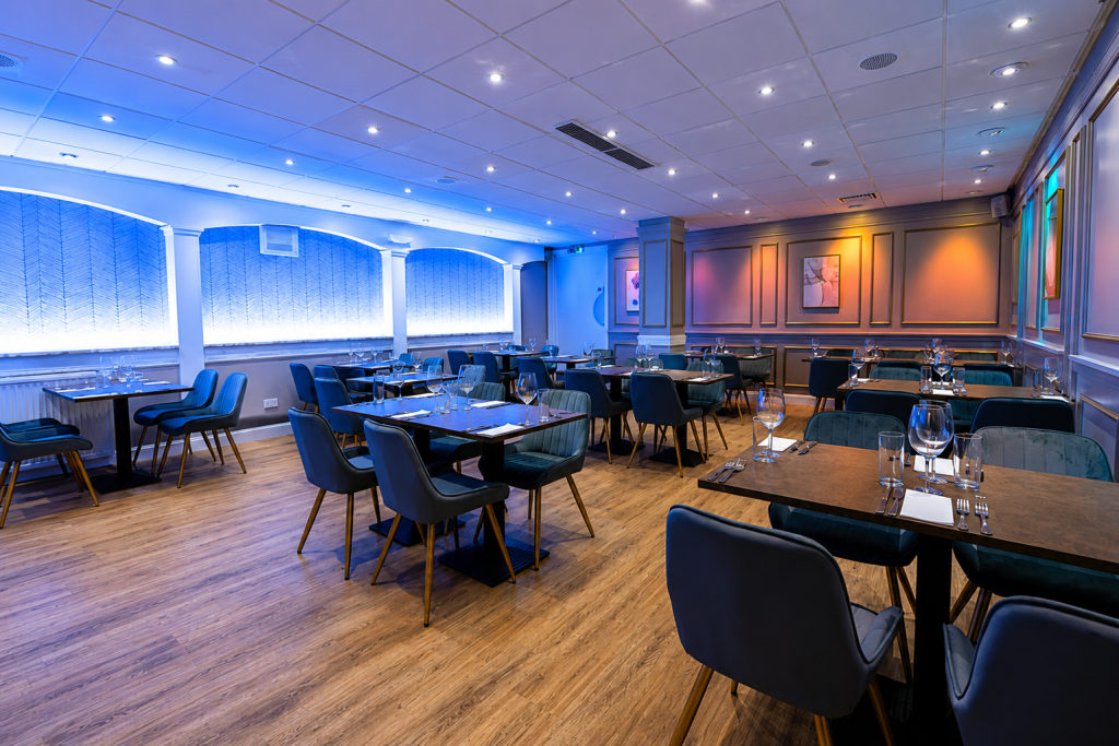 Modern restaurant and lounge at Queen Street Halls, ideal for private dining and smaller celebrations in Dundee.