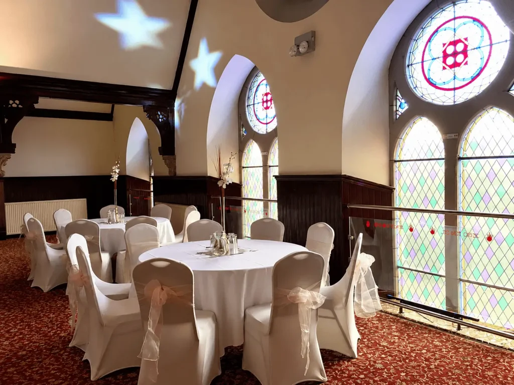 Elegant function suite prepared for a wedding or private event at Queen Street Halls in Dundee.