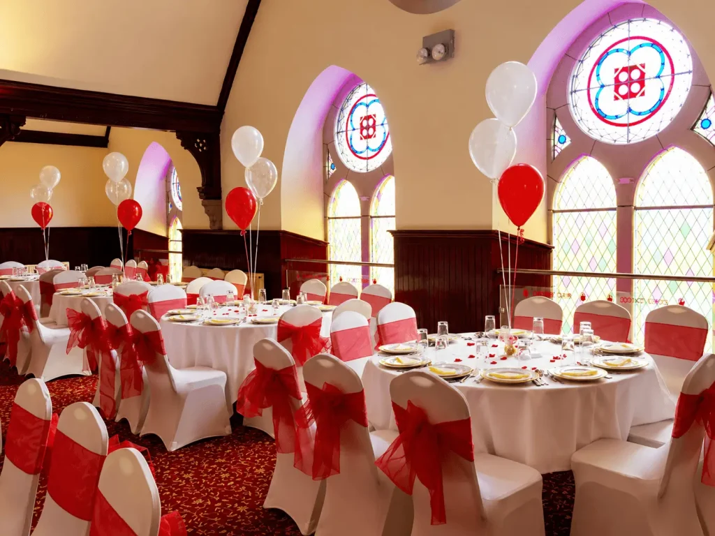 Banqueting suite prepared for a private celebration at Queen Street Halls in Broughty Ferry, Dundee.